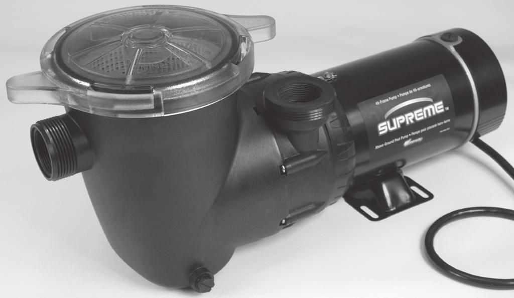 Pool Pumps - Above Ground / Supreme - 48-Frame 1 1/2" Union threads / 1 1/2" FPT Intake and 2" Union threads / 1 1/2" FPT discharge Extra large 7" pump trap with clear lid Powerful side discharge
