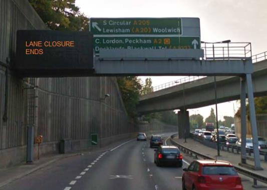 Figure 13 shows VMS 1827A02 on approach to the Eltham tunnel in the direction of Central London with a simulated Nearside Lane Closed Ahead message displayed.