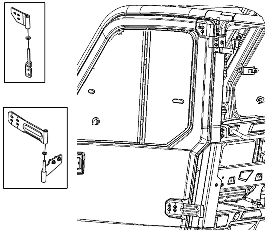 Install the front door on bracket pins by first installing nylon washers (PN 5439712) and placing the door on the upper hinge bracket then on lower hinge bracket. Figures 20.