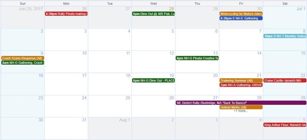 Upcoming Event's; Calendar is from the NH District web site. It shows rides/events from the 4 NH Chapter's!