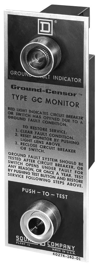 Bulletin No. 0931DB0101 July 2001 Ground-Censor Ground-Fault Protection System Type GC Data Bulletin Monitor-test System 09313067 A red light indicates tripping due to a ground-fault condition.