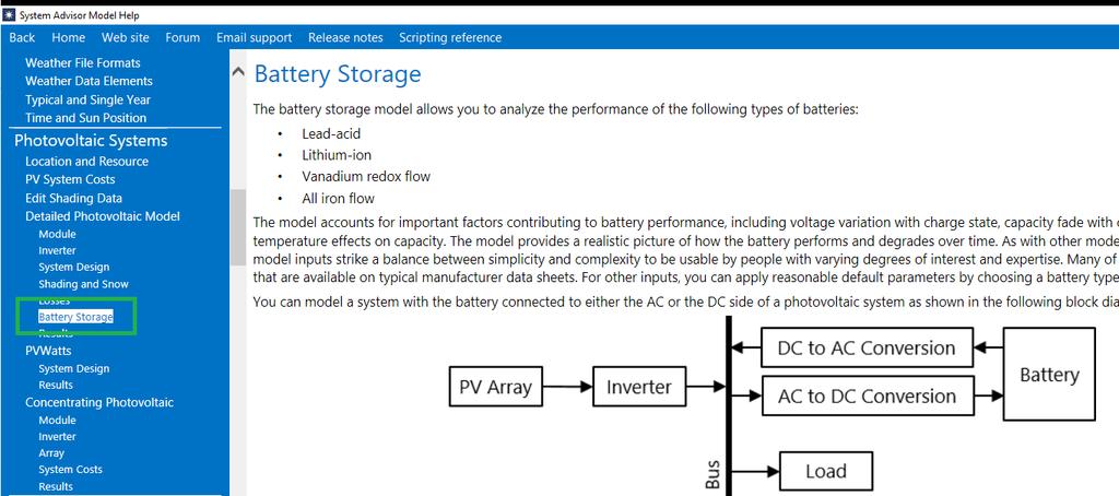 From the Help section, navigate to the Battery Storage section (defaulted if Help is accessed from Battery Storage section within SAM) and scroll down through the