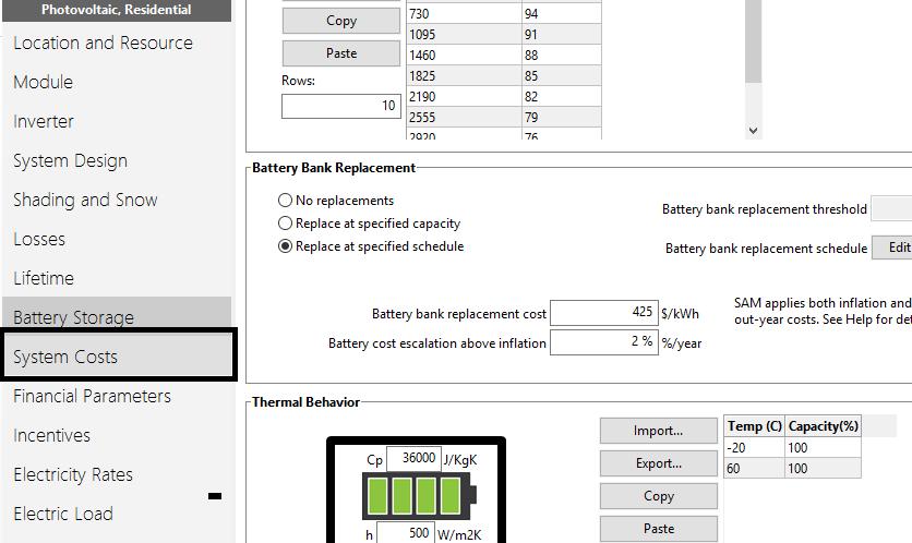 16. To enter costs associated with the battery system, navigate to the System Costs tab: 17. Enter applicable values into the Direct Capital Costs section.