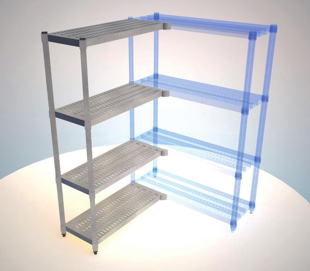 REINFORCED STAINLESS STEEL SERIES Sections (H = 1800) LH modular corner section with perforated shelves 2300012620 400x600 2300012630 400x700 2300012640 400x800 2300012650 400x900 2300012660 400x1000