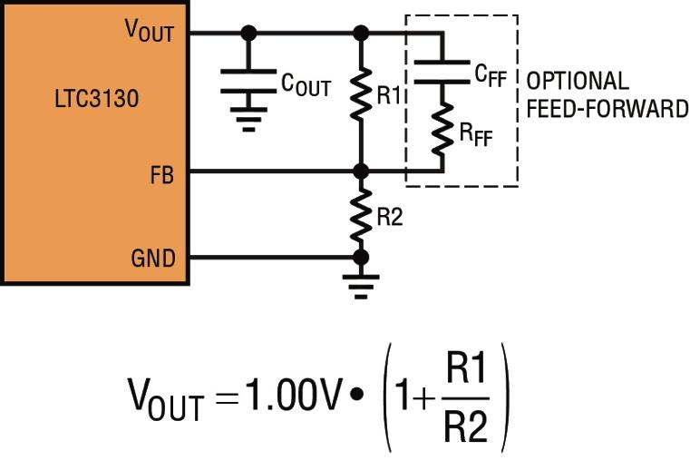 Figure 2. V OUT Feedback Divider Equation and Schematic for the LTC3130 Table 1.