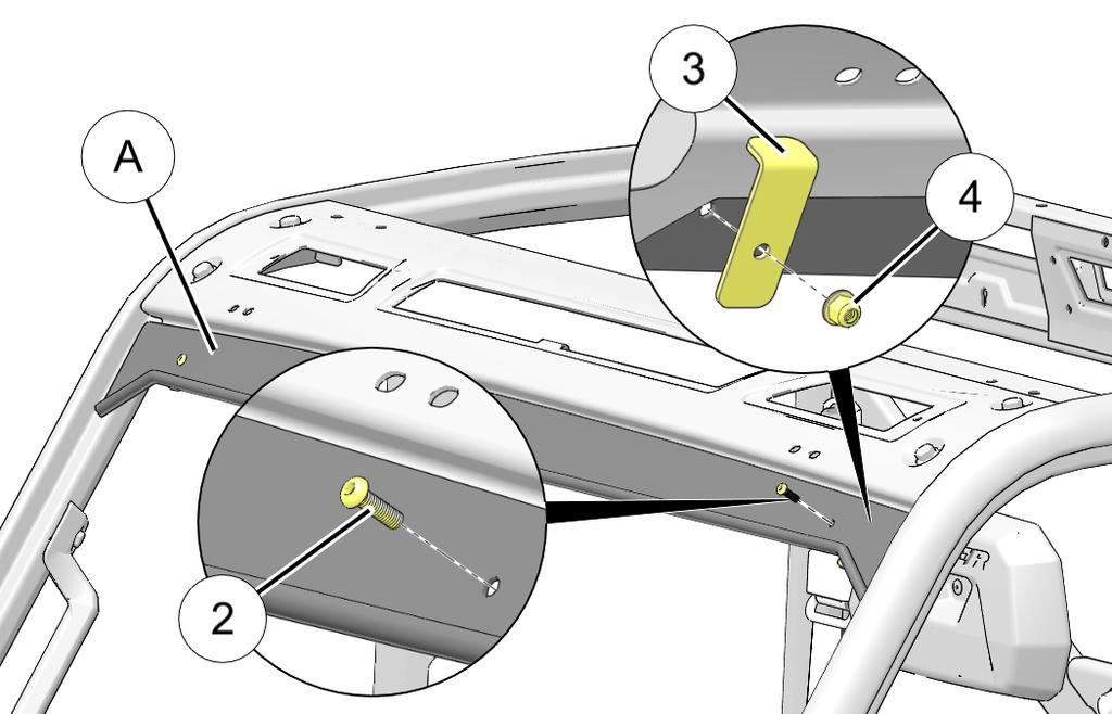 3. Install windshield visor panel A to ROPS visor using two each brackets e, screws w, and nuts r.