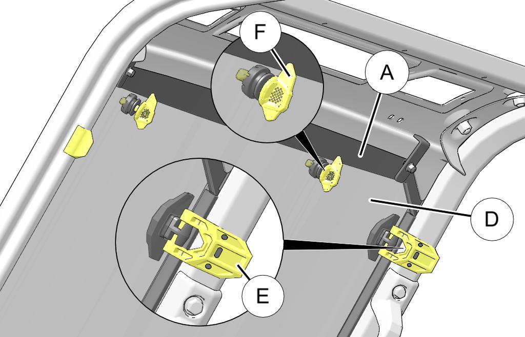 14.Open two clamps E and two knobs F, tip main windshield panel D into ROPS, then lock clamps to A-pillars and knobs to
