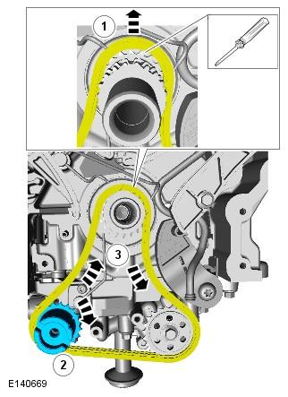 6. NOTE: Using a suitable tie strap, position the tensioner to one side. Special Tool(s): JLR-303-1621 Torque: 12 Nm 7.