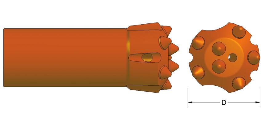 57 mm R25 BALLISTIC BUTTON DRILL BITS Part Number Dimension (D) BB-R25-33-B 33 mm BB-R25-35-B 35 mm BB-R25-38-B 38 mm