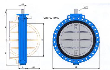 DIMENSIONS VF-737 FLANGE TYPE DN-500 ~ DN-900 PRESSURE RATING DN 500-900 10 BAR Face Mounting Thickness Disc to flange Shaft end KEY of Weight Face (ISO 5211) clearance Flange mm inch L H1 H2 D Type