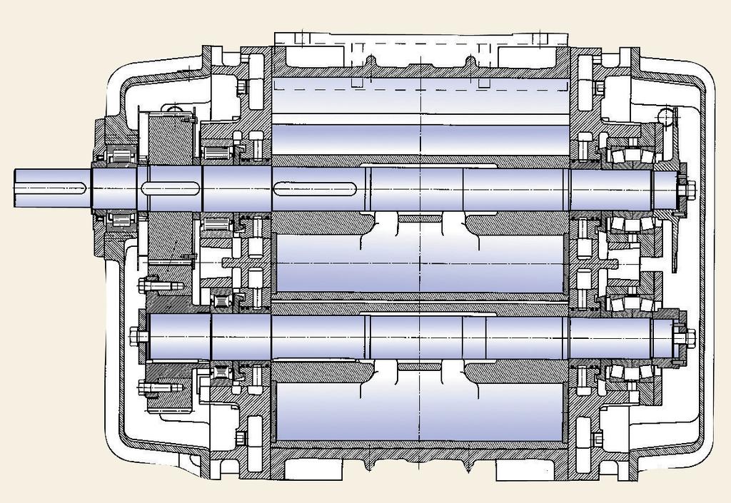 Cross section drawing 2 7 1 7 3 6 5 4 1. Heavy-duty bearing holders on thrust end for more axial load capability. 2. Helical gears located on the drive side for more input torque capability. 3. Five bearings including drive shaft roller bearings suitable for V-Belt and direct drives.