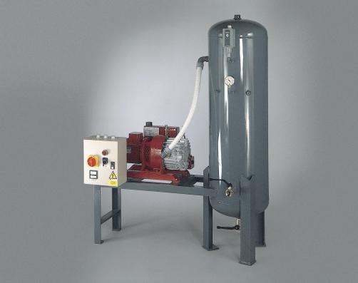 Vertical pumpsets Currently produced in various capacities and ranges, they are made up of: - A vertical tank in welded steel plate having a perfect vacuum seal.