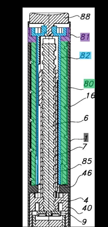 EX1014, FIG. 16 (partial; housing (gray), scale drum (green), and bushing (blue)); EX1011, 319. As shown in FIG.