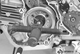 Using the flywheel puller [A] and rotor puller [B], remove the alternator rotor from the crankshaft. Special Tools - Flywheel Puller, M28 1.0: 57001-1471 Rotor Puller, M16/M18/M20/M22 1.