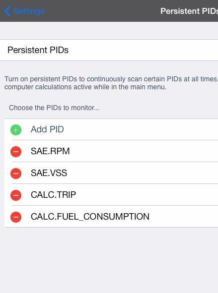 Using Settings ADJUSTMENTS AND SETTINGS Configuring Parameters The PARAMETERS options let you enable or disable persistent PIDs, and select the specific PIDs to monitor.