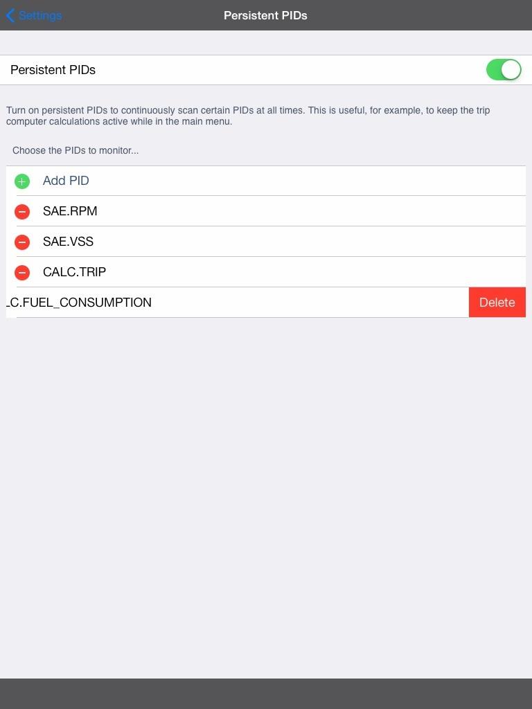 Using Settings ADJUSTMENTS AND SETTINGS 3. Tap the Supported PIDs and All PIDs tab, as desired, to display the available systems list then tap a system name to select a persistent PID for the system.