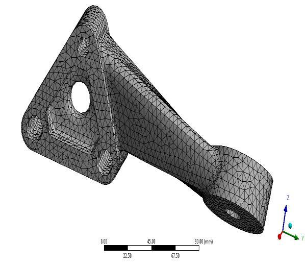 Geometry is created by using CATIA V5R16.It is imported in igs format in ANSYS Workbench. Mesh size selected is 5mm. Material assigned:-sg IRON 450/10.