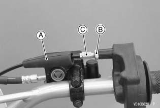 52 MAINTENANCE AND ADJUSTMENT Loosen the locknut on the upper end of the throttle cable and turn the adjuster to obtain the specified play. Tighten the locknut. A. Rubber Boot B.