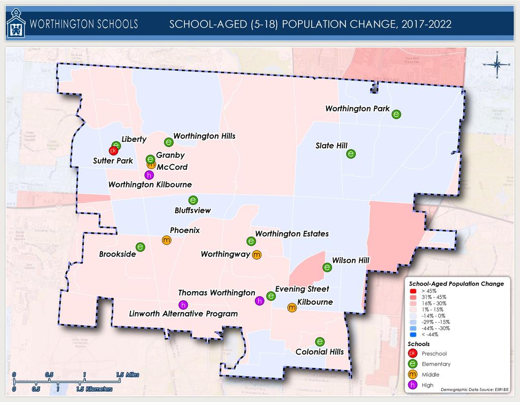ESTIMATED SCHOOL AGED POPULATION GROWTH 2017-2022 The map below shows school age population change in the U.S. Census block groups within / around the Worthington Schools boundary.