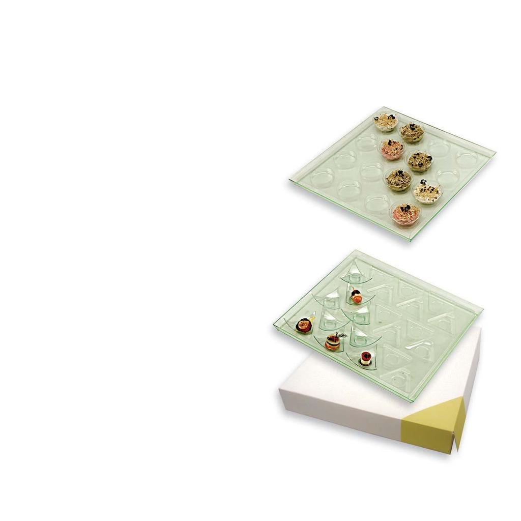 Trays and Frames for mini dishes COCKTIL range This concept combines convenience for transport and nice presentation on the table. Vendôme tray - transparent green - 400 x 400 mm PS30470 Pack : 25 u.