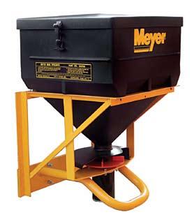 The Meyer Mate spreader has a 9 cubic foot capacity and attaches (without tools) in seconds.