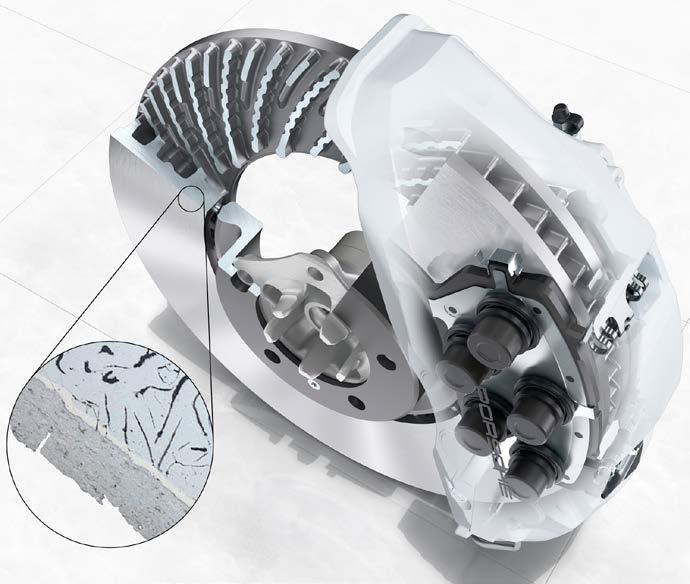 Chassis mechanics Porsche Surface Coated Brake PSCB Structure of the PSCB Brake disc and calliper Grey cast brake disk in