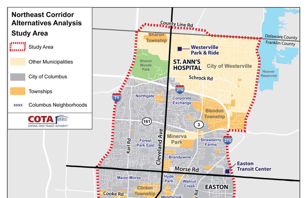 The Northeast Corridor Existing transit facilities in corridor Transit Centers Linden and Easton P&R Northern Lights, Westerville Cleveland Avenue Second