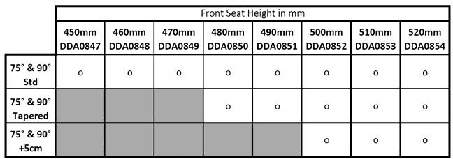 FRONT FRAME TYPE & FRONT SEAT-TO-FLOOR (SHv) 5" front castors are not compatible with 90 frame The minimum front seat height for 5" front castors is 480mm REAR SEAT-TO-FLOOR (SHh) Armrests DDA1416 &