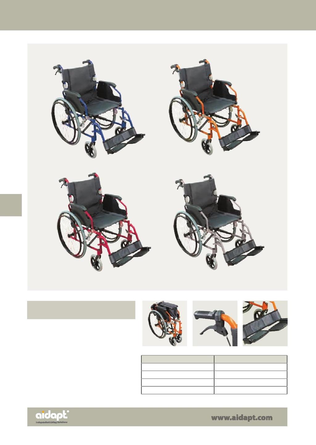 Wheelchairs 98 Deluxe Lightweight Self Propelled Aluminium Wheelchair Foldable for easy of transport and storage Lightweight and robust design Half folding backrest Side Panels for privacy Available