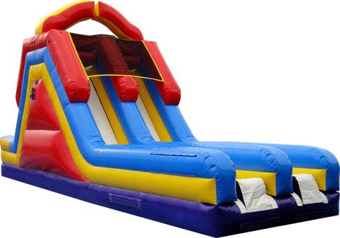 Description of Ride This is a 35 L x 12 6 W x 18 H rectangular interactive air slide with two individual lanes. The slide is inflated using one 1-1.5 HP electric fan.