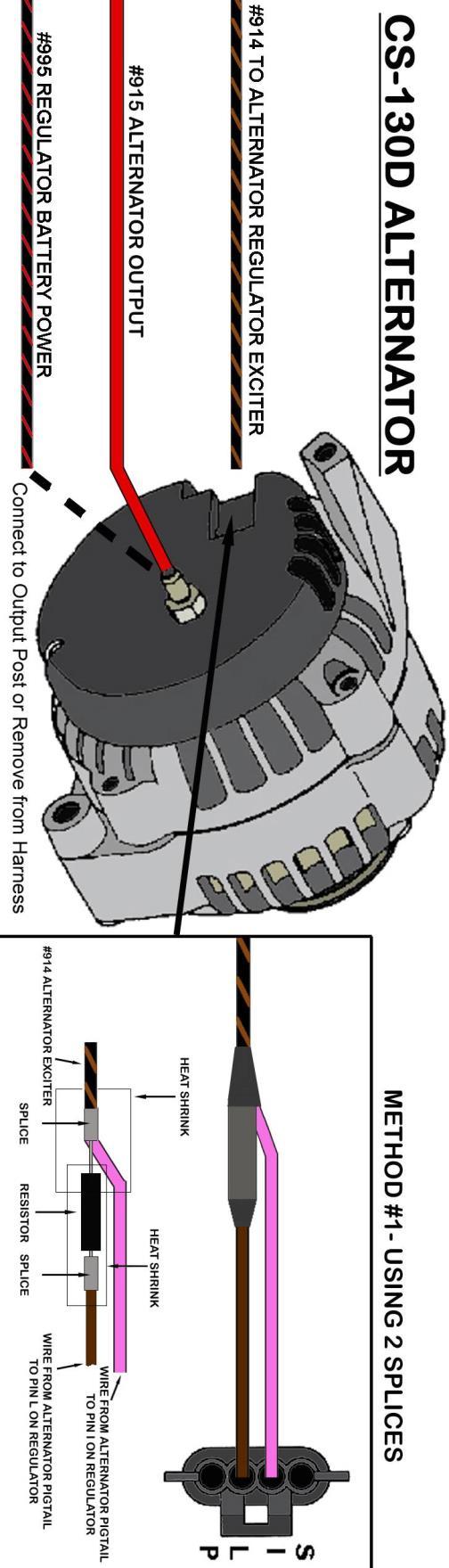 Both diagrams accomplish the same task, using the black/brown #914 ALTERNATOR EXCITER wire to provide a switched power source and a resisted power source to