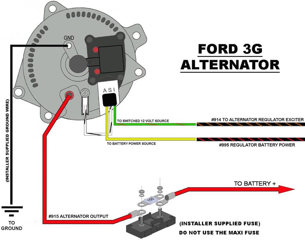 The two remaining wires, a 14 gauge black/red wire printed #995 REGULATOR BATTERY POWER and a 16 gauge black/brown wire labeled #914 ALTERNATOR EXCITER, will connect to the pigatils on the back of