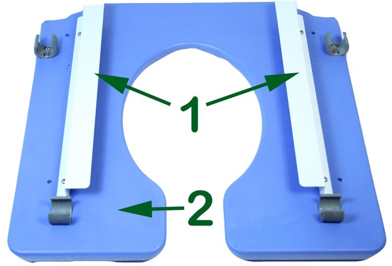 To attach the foot rest (1) to the commode lower the foot rest pivot plug (2) into the top of the front seat frame (3) with the foot plate (4) off to the side of the commode.