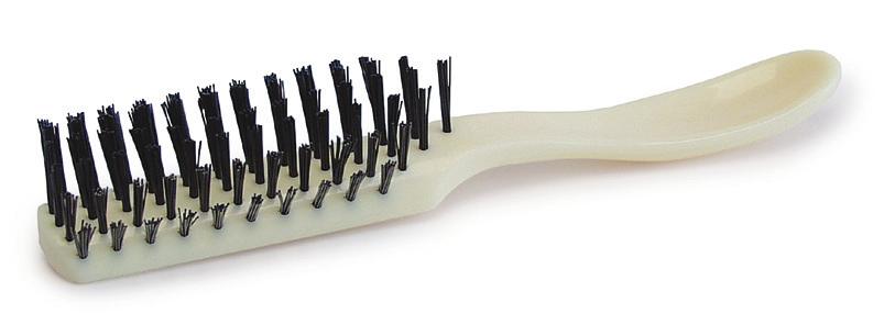 length 144/gr Denture Plate Brush White polypropylene handle is 3 5/8" long, bristled on 2 sides with nylon