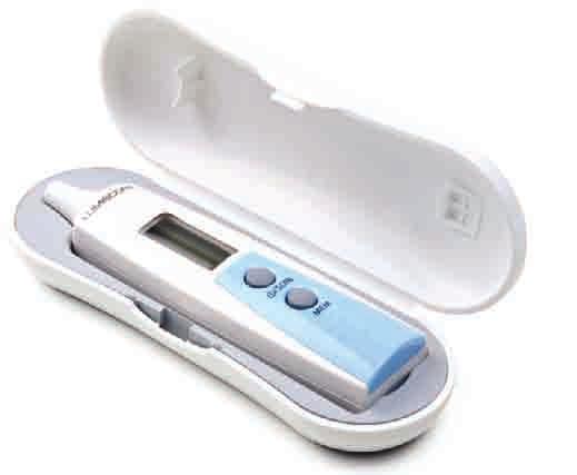 Thermometer Convenient digital thermometer features child-safe construction, orthodontic nipple, beeper, and memory