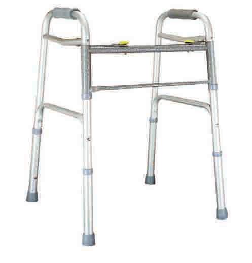 E0135 616070A Adult 4/cs Dual-Release Folding Walker with Wheels Same features as the Dual-Release Folding Walker yet offers wheels for enhanced mobility Rear glide caps to facilitate use on all