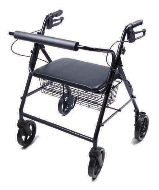 Aluminum Rollators feature a 20" wide padded seat, padded backrest, ergonomic handgrips with easy-to-operate locking loop hand