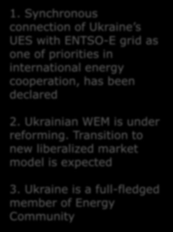 Ukrainian WEM is under reforming. Transition to new liberalized market model is expected 3.