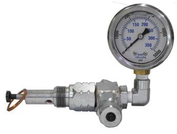 Pressure Gauge and Relief Valve The pumping element T-fitting is equipped with a pressure guage to monitor system pressure and a relief valve set at 80 bar.