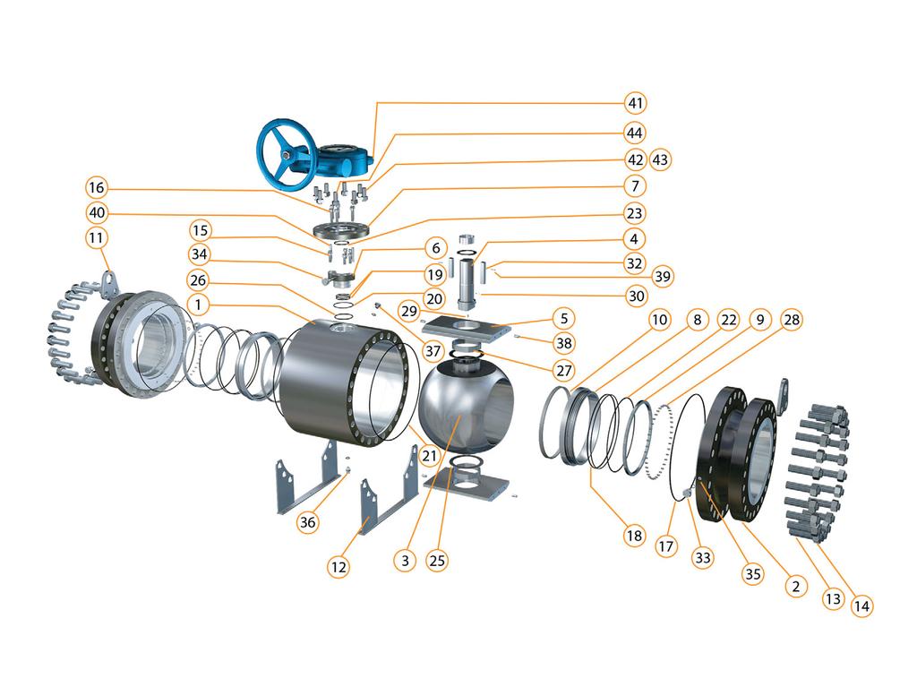 STANDARD CONFIGURATION - BDB 3 PIECE BOLTED BODY INNER TRUNNION-MOUNTED BALL VALVE Class 150, 300, 600: 14 and above / Class 900: 12 and above / Class 1500: 6 and above / Class 2500: 6 and above BDB