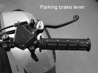 To release the parking brake, firmly squeeze the left-brake lever until the lock release. Front Brake The front brake is the lever located on the right handlebar. When braking, squeeze this lever.