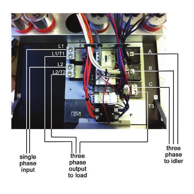 The following diagram shows the electrical schematic for the rotary phase converter: Firmly snap in the green, yellow/white and red switch terminals into the