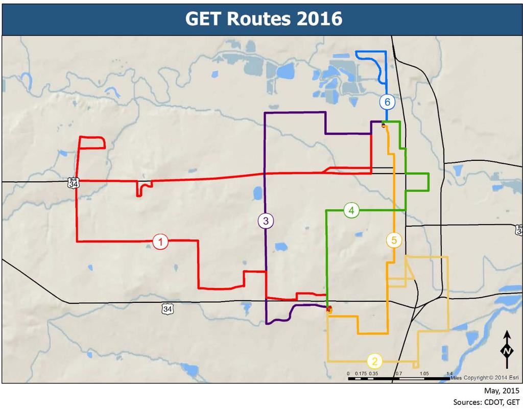 Greeley-Evans Transit Routes 2016 GET has adjusted their fixed route services to accommodate the relocation of the downtown transfer center and to generally improve the routes by making them as
