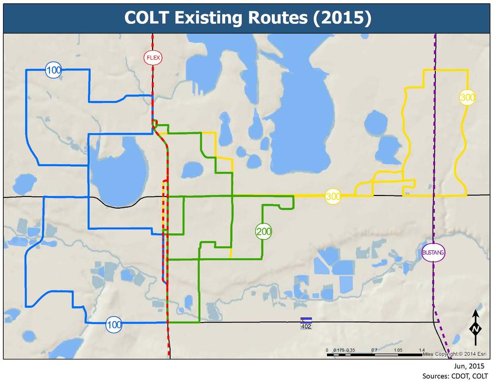 City of Loveland Transit Routes COLT currently runs three routes, Figure 8 6. Previous updates to the routes were made in 2011, adjusting 2008 routes.