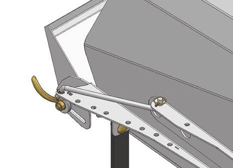 Remove lynch pin (A) from adjuster rod (B) and locaterodinholeinsidedeflector (C).