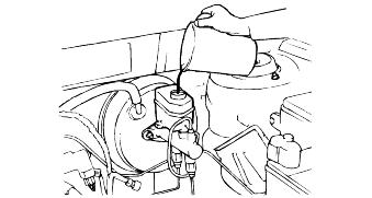 BLEEDING THE BRAKE SYSTEM EJTC0070 1. Remove the reservoir cap and fill the brake fluid to reservoir. CAUTION Do not allow brake fluid to remain on a painted surface. Wash it off immediately.