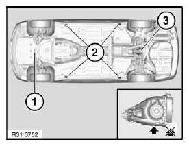 Fig. 2: Identifying Car Jacking Point, Side Car Jacking Points, And Rear Differential 31 00.