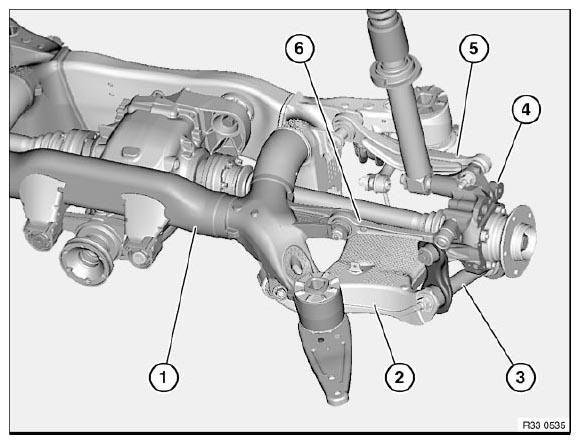 Fig. 5: Identifying Rear Axle Chassis Alignment Components A wheel/chassis alignment check must be carried out after the following work. Refer to 32 00... CHASSIS/WHEEL ALIGNMENT CHECK PROCEDURE.