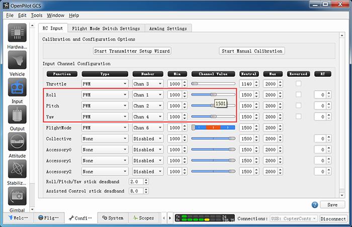 2) Make sure the flight mode channel is pulled to Stabilized1 (self-stabilization) Click Flight Mode Switch Settings.
