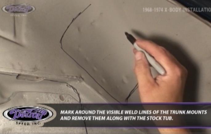14. Mark around the visible weld area of the trunk mounts